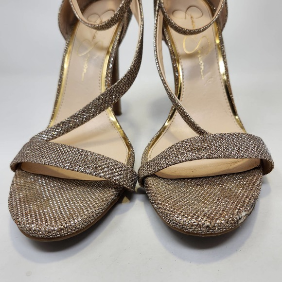 Jessica Simpson Gold Glitter Stiletto Ankle Strap Heels Size 10 M Open Toe - Picture 4 of 10